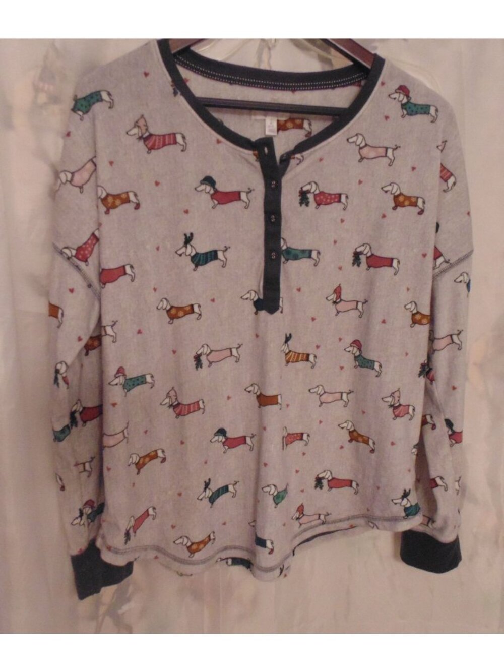 Ladies Dachshund Velour Pajama PJ Top Gray Winter Doxie Size M 8 10